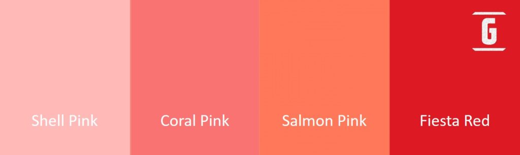 Palette de couleurs: Shell Pink, Coral Pink - également appelé Tahitian Coral-, Samon Pink et Fiesta Red 