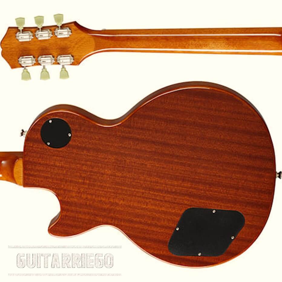 La madera de Epiphone de aspecto similar a la caoba con un patrón rayado.