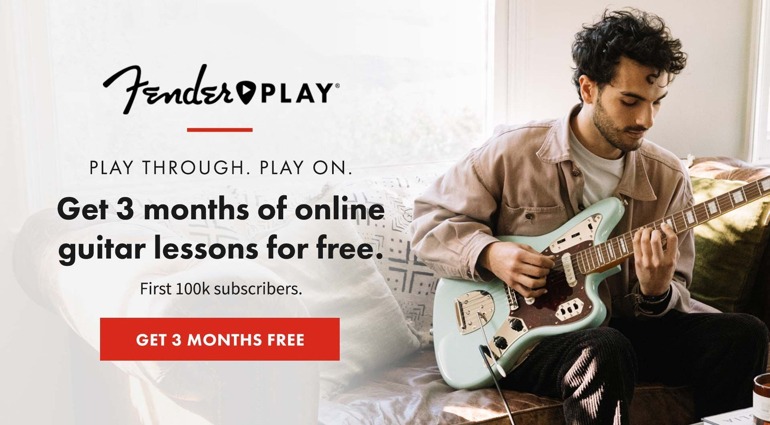 Aviso Fender Play gratis por 3 meses.