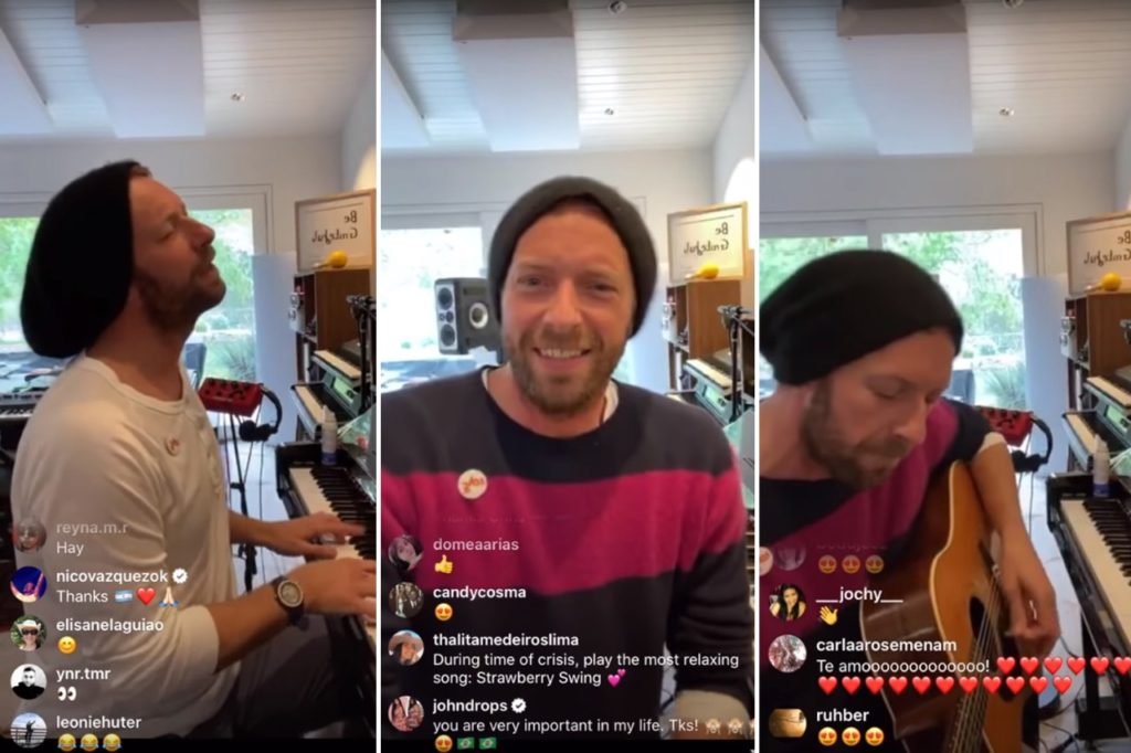 Chris Martin, cantante y líder de Coldplay dando un recital en Instagram en medio de la pandemia de Covid-19 que afecta a la industria del Rock.