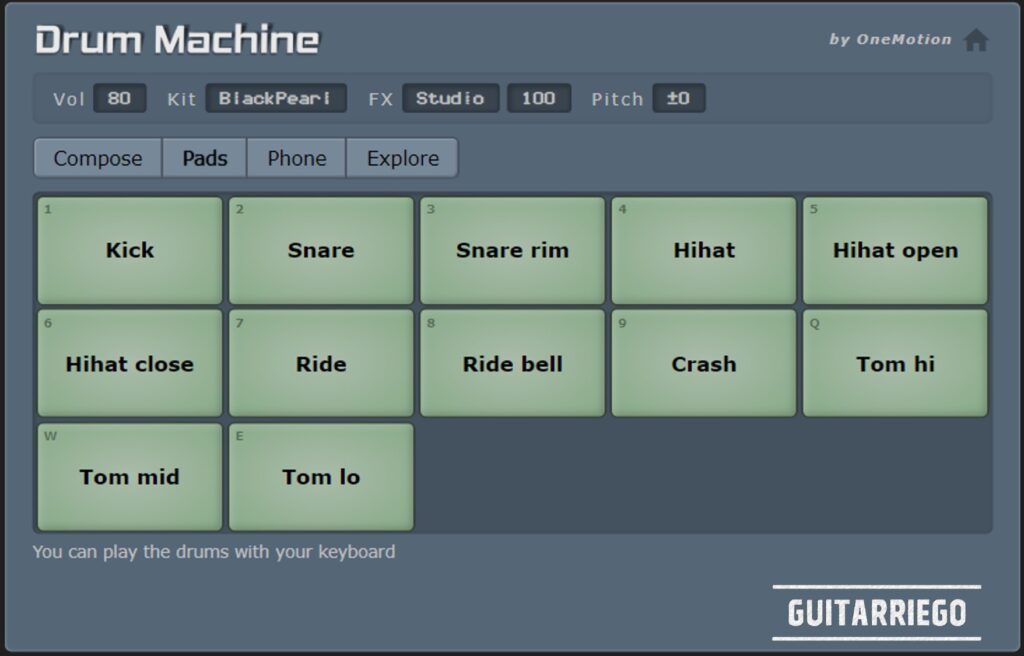 OneMotion Drum Machine: Pads-Ansicht einer der besten virtuellen Drum-Maschinen, die völlig kostenlos ist.