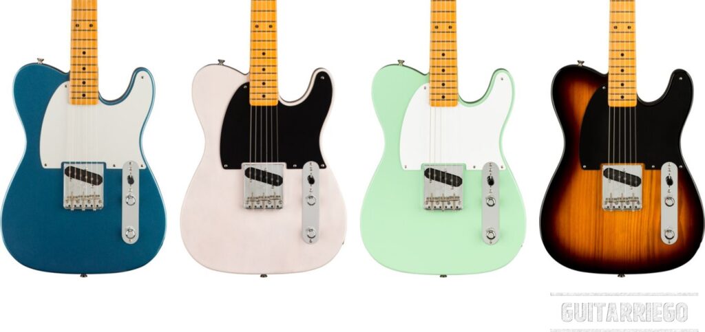 Fender Esquire Aniversario 70 acabados: White Blonde, Lake Placid Blue, Sunburst de 2 colores -two tone- y Surf Green.