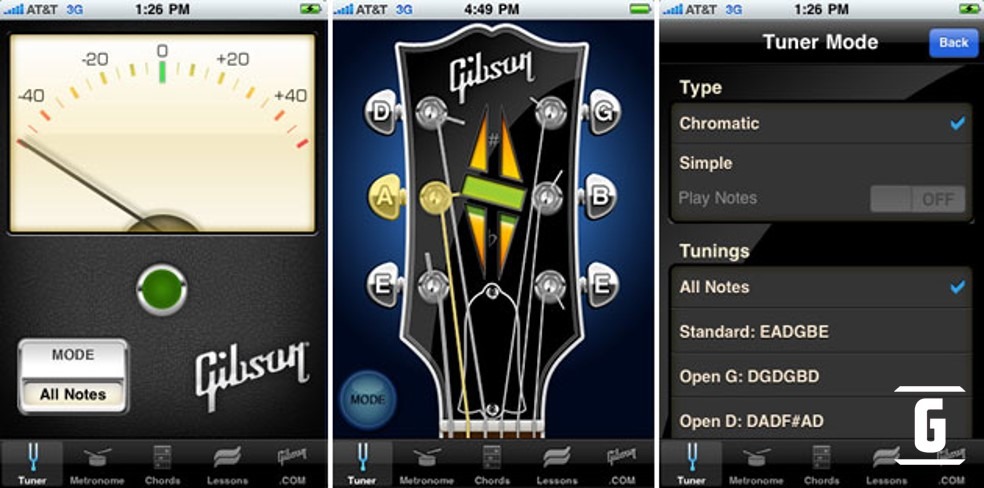 Gibson App es una herramienta virtual multifacética: Lecciones de guitarra, Afinador incorporado, Gibson TV, Gibson Shop y Servicio Técnico Virtual.