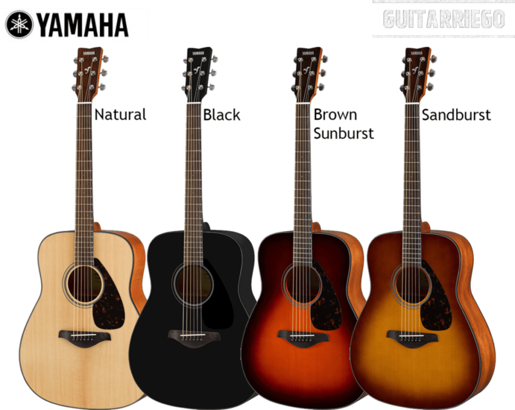 Yamaha FG800, cheap acoustic guitar with classic configuration with finishes: Natural, Black, Brown Sunburst and Sandburst.