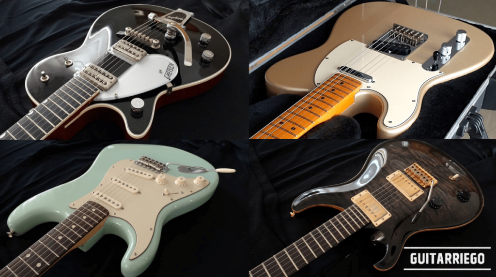 Gitarren für Linkshänder: Gretsch G5230T, Fender Telecaster und Stratocaster sowie PRS Custom Left Handed Limited Edition.