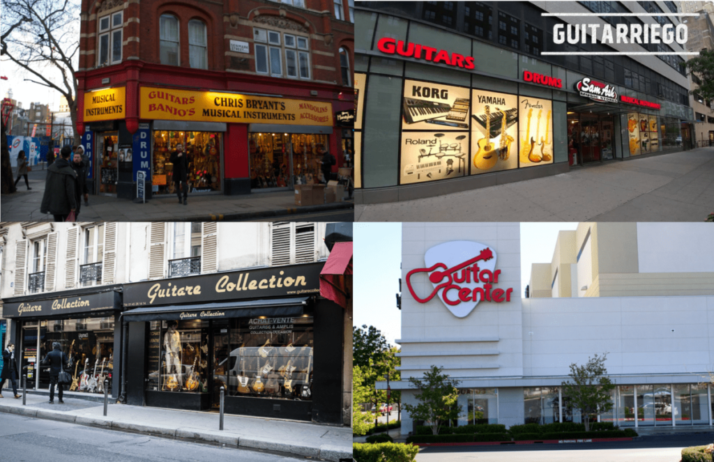 Fotos de lojas de instrumentos musicais: Instrumentos musicais de Chris Bryant na Dinamarca Streed, Londres.  Sam Ash e Guitar Center nos Estados Unidos.  Coleção Guitare na Rue de Douai em Montmartre.