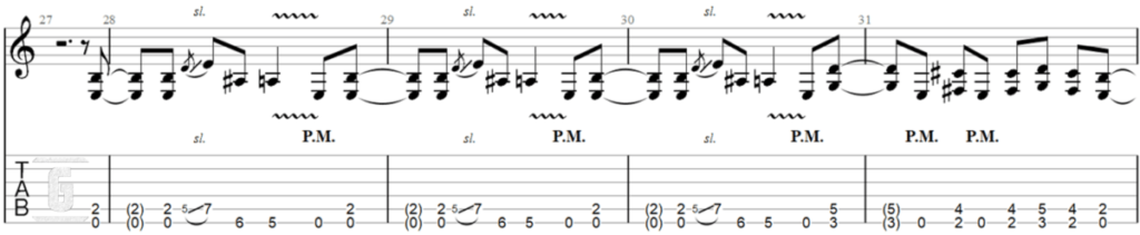 Tablature of Metallica's famous Enter Sandman base riff, for guitar beginners.