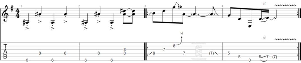 Tablatura del fácil riff introductorio de Purple Haze de Jimi Hendrix, ideal para principiantes.