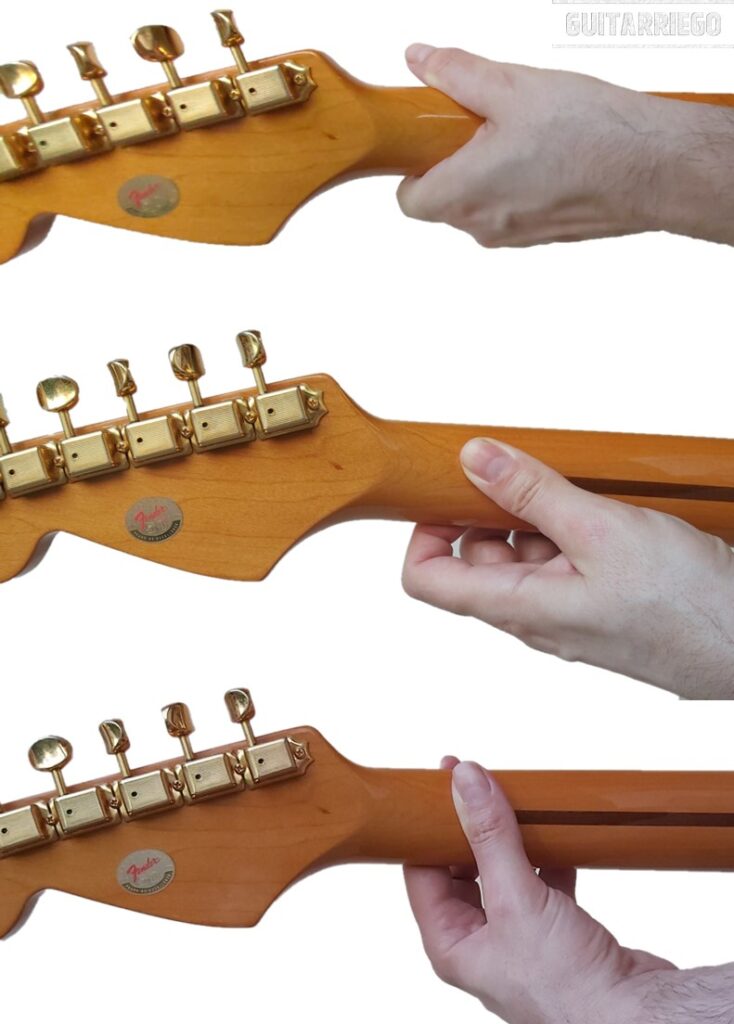 コードを演奏するときに右手の手と親指を配置する3つの異なる方法。 1つ目は、ジミ・ヘンドリックスが使用する首の上の親指です。 3つ目は、親指を首の後ろに置き、弦の方向に垂直にすることです。 2つ目は、説明されている位置の中間の位置です。