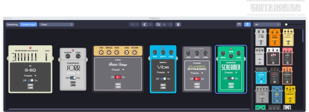 Guitar Pro 8 の Pedalboard 画面では、任意のエフェクトを追加、削除、および調整できます。