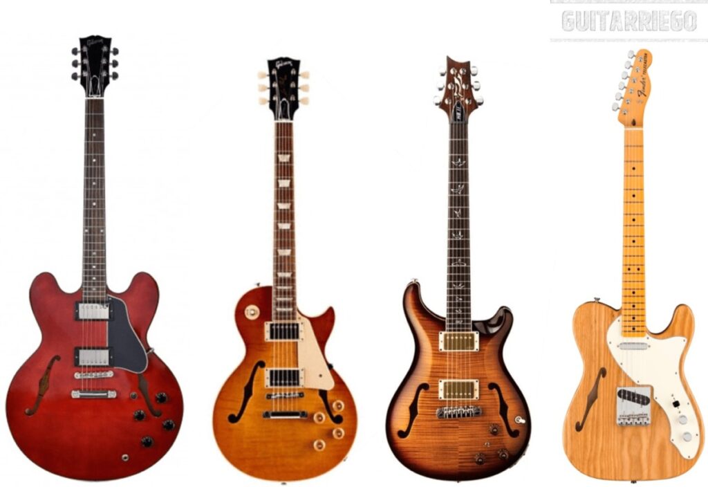 Guitarras semihuecas y huecas de Fender, Gibson y PRS.