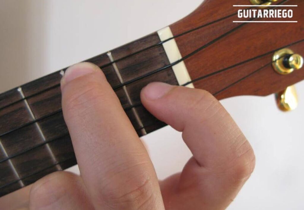 左手手指在尤克里里 F 大调和弦中的位置。