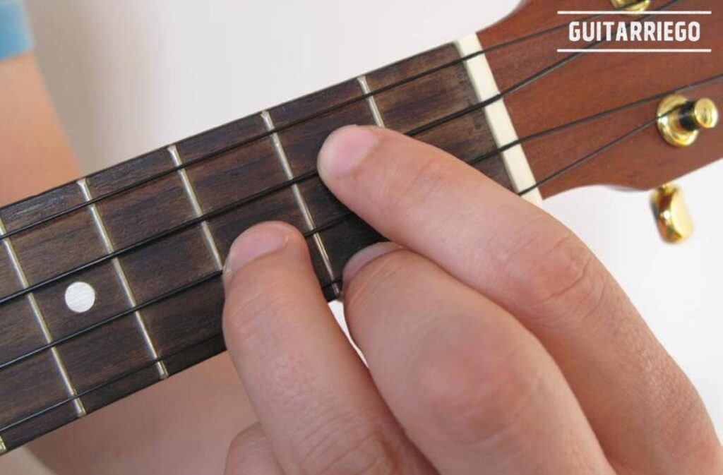 Correct finger position on the fretboard.