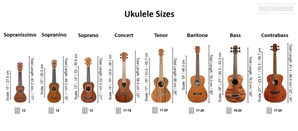 Ukulelengrößen: Sopranissimo, Sopranino, Sopran, Konzert, Tenor, Bariton, Bass und Kontrabass.